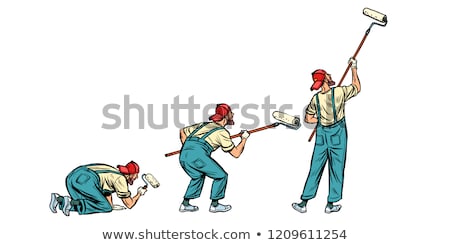 Stockfoto: The House Painter Paints The Wall Three Poses Set Isolate On W