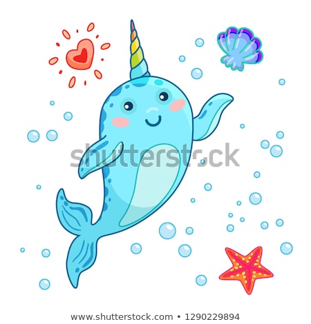 [[stock_photo]]: Cute Cartoon Kawaii Narwhals With Rainbow Horn Hello Gesture Sea Unicorn Cute Illustration