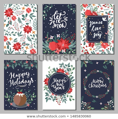 Stock photo: Christmas Greeting Card With Hand Drawn Poinsettia Flower And Festive Ornament On Beige Rice Paper