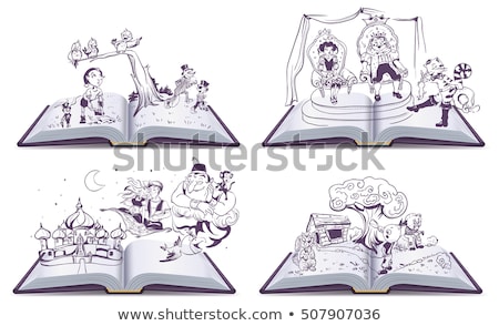 Stock photo: Set Open Book Illustration Tale Story Of Pinocchio Cipollino Alladin And Puss In Boots