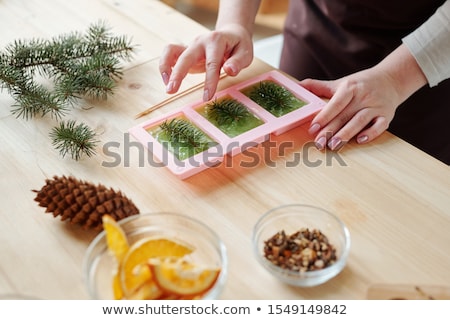 Stockfoto: Creative Young Woman Putting Conifer Into Liquid Soap Mass In Silicone Molds