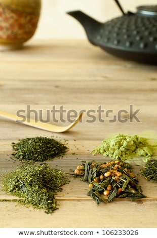 Stok fotoğraf: Japanese Teapot And Different Sorts Of Green Tea