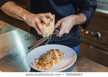 Stockfoto: Spaghetti Bolognese Sauce Topping Rolled In Fork With Basil