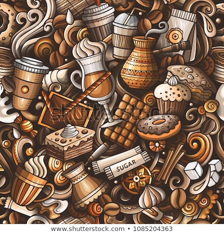 ストックフォト: Cartoon Cute Doodles Hand Drawn Coffee Shop Seamless Pattern