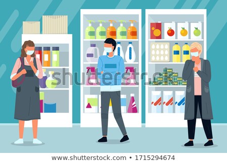 Stock foto: Men And Woman Wear Medical Mask Stand In A Line In Supermarket At Distance During Viral Pandemia