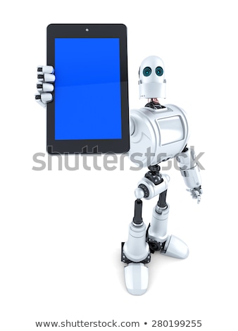 Foto d'archivio: Robot Holding Mobile Phone Isolated On White Background Contains Clipping Path