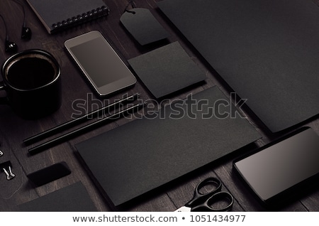 Foto d'archivio: Blank Corporate Stationery On Black Stylish Wood Background Branding Mock Up For Branding Graphic