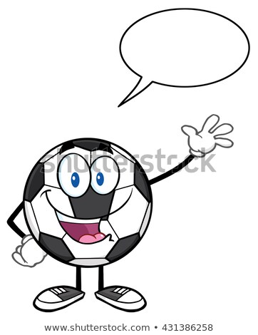 Stockfoto: Happy Soccer Ball Cartoon Mascot Character Waving For Greeting With Speech Bubble