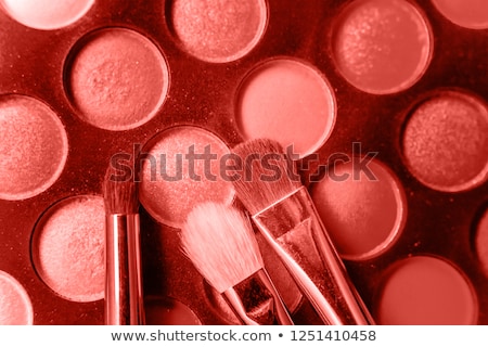 Stockfoto: Eyeshadow Palette And Make Up Brush On Coral Background Eye Sha
