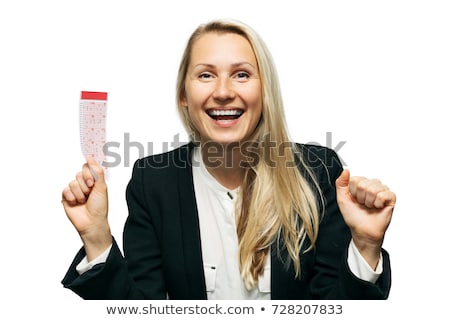 Foto stock: Ulher · com · bilhete · de · loteria · premiado, · animada · e · sorridente