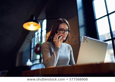 Foto stock: Beautiful Woman Writing In Organizer While Using Laptop