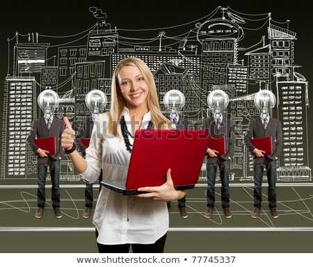 Stockfoto: Woman And Lamp Head Businesspeople With Laptop