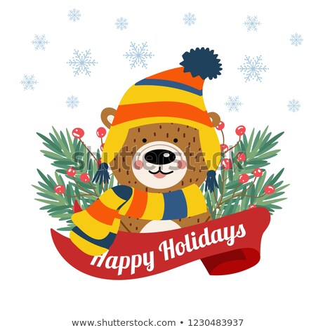 Stockfoto: Cute Christmas Card With Tree Braches And Funny Bear