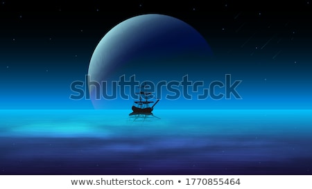 Сток-фото: Dark Blue Water Surface At Deep Sea With A Ship On A Distant Hor
