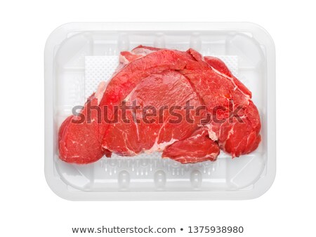 Stockfoto: Fresh Raw Organic Slice Of Braising Steak Fillet In Plastic Tray On White Background