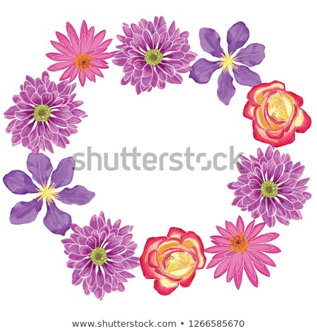 Foto stock: Wreath With Flowers Blossom Clematis Lotus Rose Dahlia