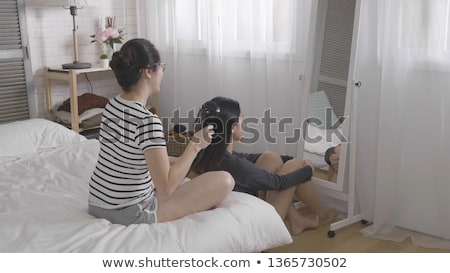 Stock fotó: Beautiful Woman In Comfortable Sleepwear With Blower