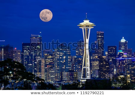 [[stock_photo]]: Full Moon Over Seattle Washington Skyline Panorama