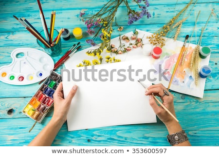 Stock photo: Paper Watercolors And Paint Brush On Wooden Background