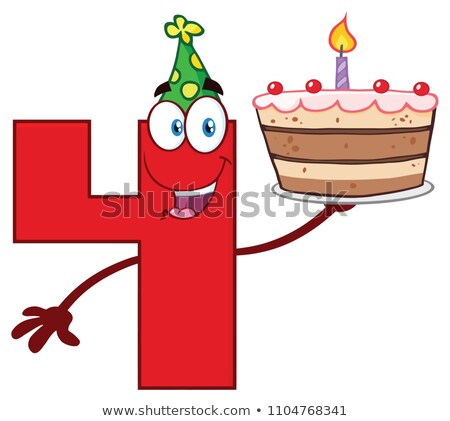 Stock fotó: Funny Red Number Four Cartoon Mascot Character Holding Up A Birthday Cake