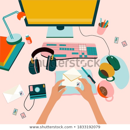 Foto d'archivio: Daily Office Supplies On Workspace Flat Lay Vector