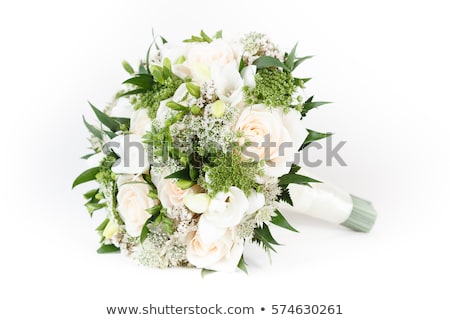 Сток-фото: Wedding Bouquet With White Flowers Roses Greens And Ribbons On The Chair