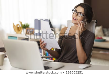 Сток-фото: Business Woman Working In Office With Pc Computer Holding Documents At Night