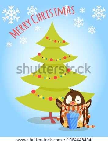 Сток-фото: Decorated Winter Greeting Card By Penguins Vector