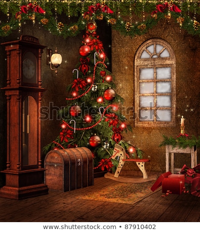 Stock fotó: Christmas Tree In The Old Room With Clocks