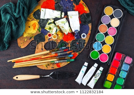 ストックフォト: Color Palette Brushes And Paint Tubes On Table