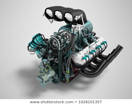 Stockfoto: Car Turbo Engine Black Blue Front Perspective 3d Render On Gray Background With Shadow
