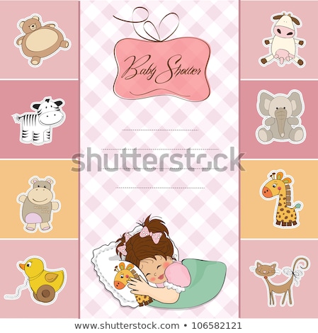 Stock fotó: Childish Baby Girl Announcement Card With Hippo Toy