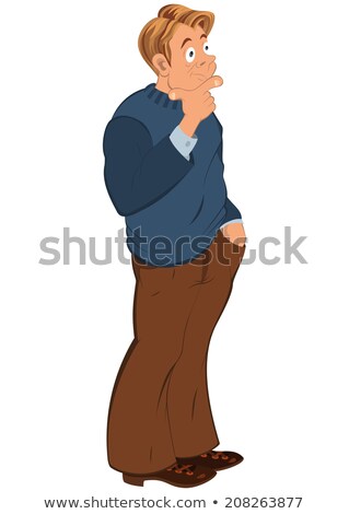 Stock photo: Cartoon Man In Blue Sweater Touching Chin