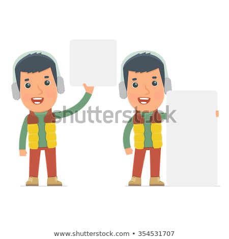 Stock fotó: Funny Character Winter Citizen Holds And Interacts With Blank Fo