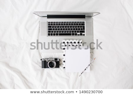 商業照片: Businessman Desk Workspace With Laptop Keyboard Retro Camera H