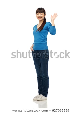 Stok fotoğraf: Happy Smiling Young Woman Waving Hand Over White