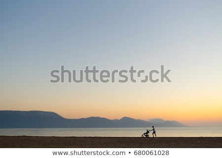 Foto d'archivio: Mother Walking On A Beach With Stroller Enjoying Motherhood