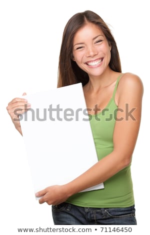 Smiling Woman Holding Whiteboard Stockfoto © Ariwasabi