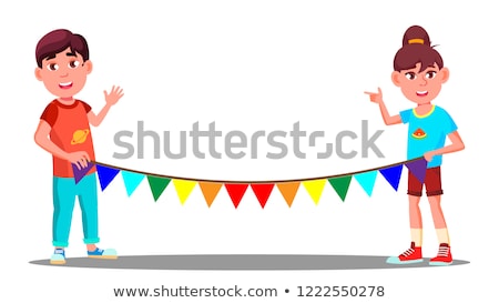Foto stock: Two Children Holding A Rope With Colored Party Flags Vector Illustration