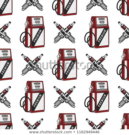 Foto d'archivio: Gas Station Pump With Sparking Plug Seamless Design Vintage Hand Drawn Oil Station Pattern Stock B