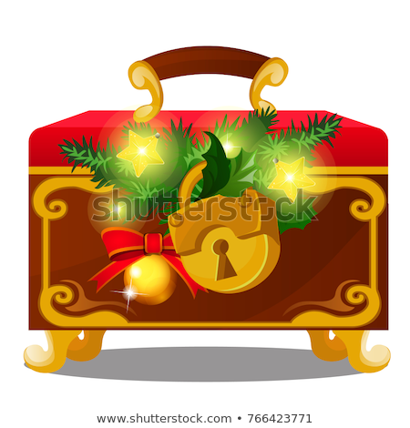 Stock fotó: Old Chest With Padlock Decorated With Twigs Of Spruce Golden Baubles Isolated On White Background
