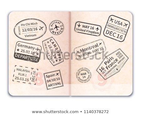 Foto stock: Realistic Open Foreign Passport With Black Immigration Stamps On White