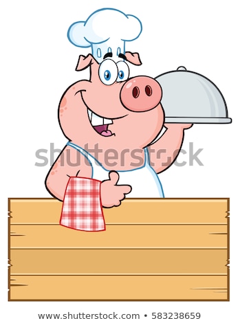 Stock photo: Chef Pig Cartoon Mascot Character With A Cloche Platter Over A Wooden Sign Giving A Thumb Up