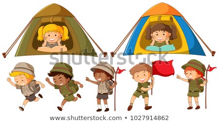 ストックフォト: Many Kids In Safari Outfit Running And Camping In Tent