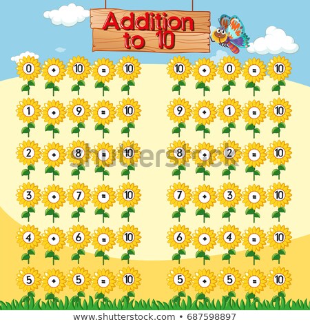 Foto stock: Addition To Ten Chart With Sunflowers Background