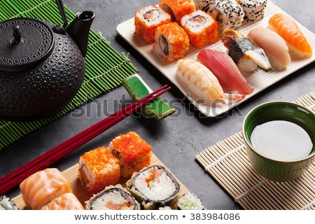 Сток-фото: Green Tea And Sushi Chopsticks Japanese Meal Set