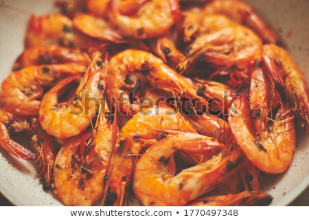 ストックフォト: Close Up Of Tasty Fried Whole Prawns With Parsley Sprigs And Garlic Delicious Seafood Concept