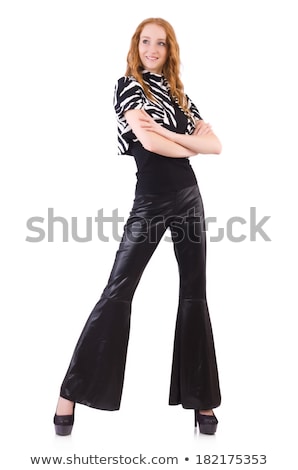 Zdjęcia stock: Redhead Woman In Black Bell Bottom Pants On White