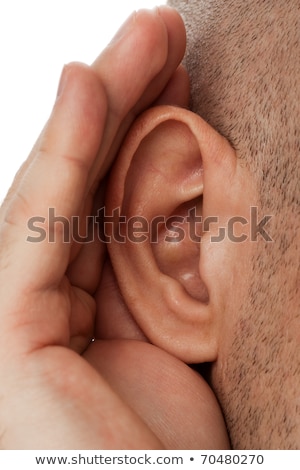 Stock photo: Spying Man Eavesdropping With Cup To Ear On White