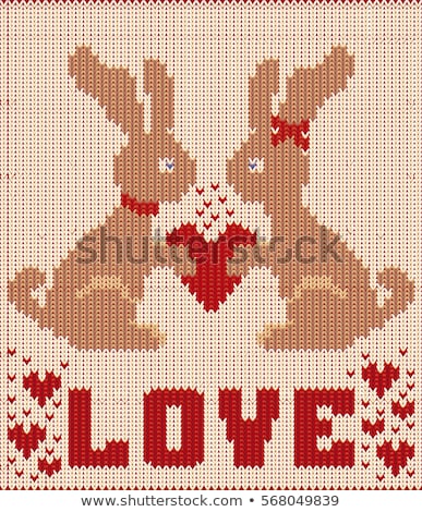 Stockfoto: Happy Valentines Day Knitted Card With Two Rabbit And Heartsvector Illustration